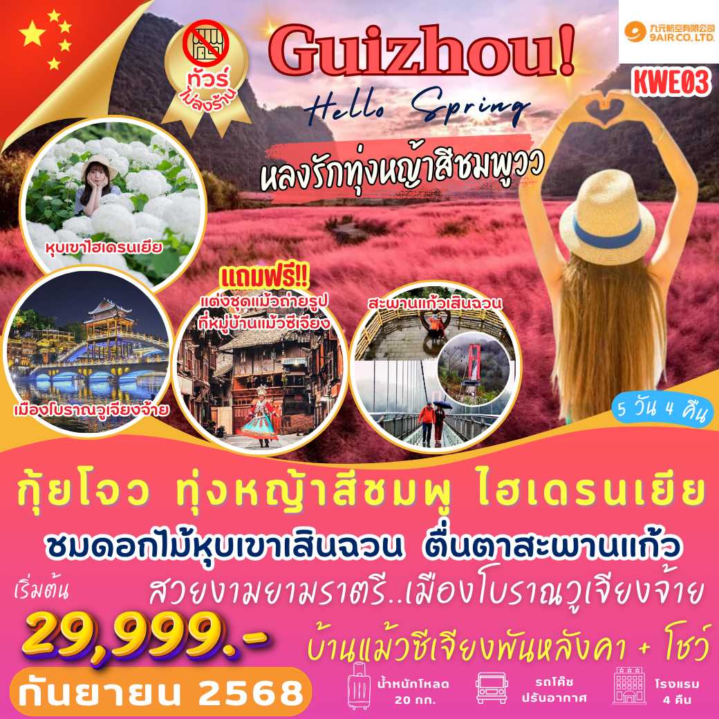 KWE03 : Guizhou Hello Spring กุ้ยโจว ทุ่งหญ้าสีชมพู ไฮเดรนเยีย  (5 วัน 4 คืน)